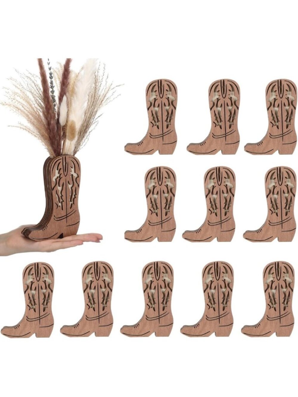 12 Pcs Rustic Wooden Cowboy Boot Vases - Classic Brown Home Decor Accent